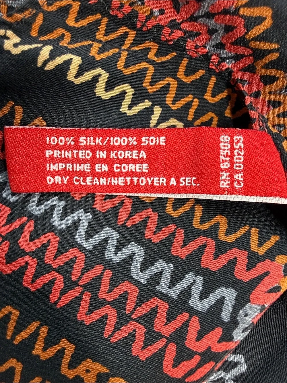 Anne Klein silk scarf black orange pink yellow blue squiggle line plaid print